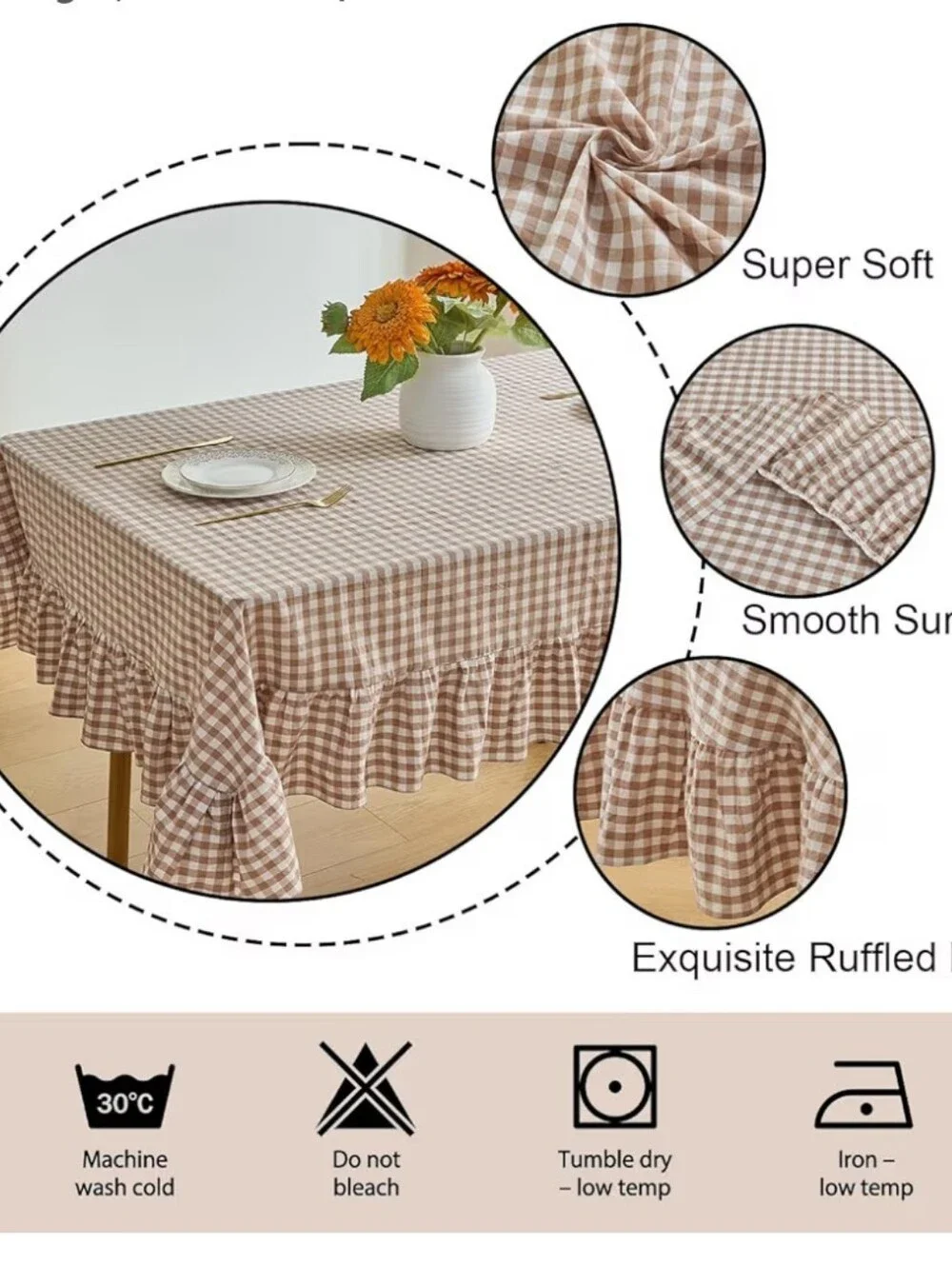 Ruffled Gingham Cotton Tablecloth Rectangular 120x60 In